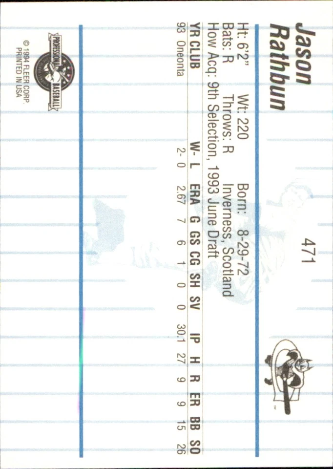 Jason Rathbun 1994 Fleer ProCards #471 RC Greensboro Bats *AutographDen* - Image 2 of 2