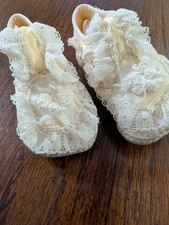 Vintage Baby Christening Booties 4" Ivory Satin Lace Ruffles