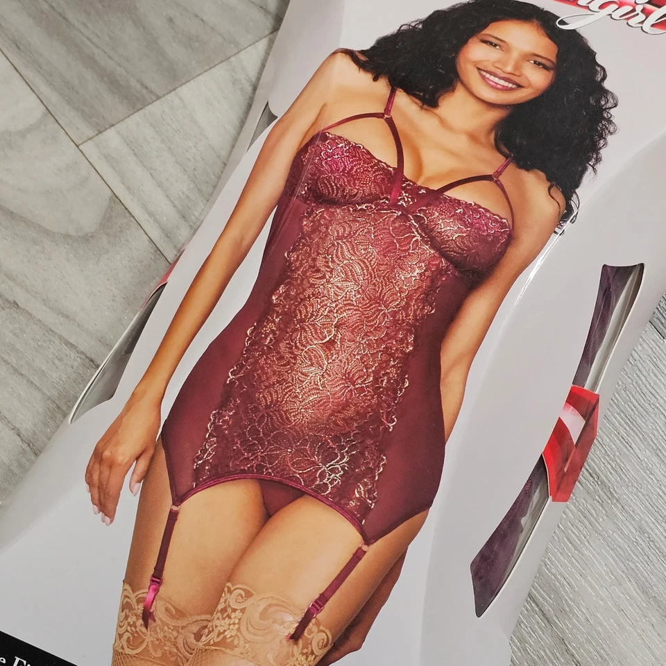 Lencería liguera sexy de malla y encaje Dreamgirl, borgoña y dorada, talla única Foto 3 de 4