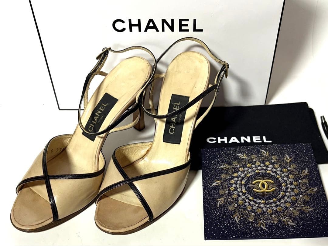 CHANEL Women's Pumps Strap High Heels Leather Size:5/JP:22.5 Beige 135505K Auth