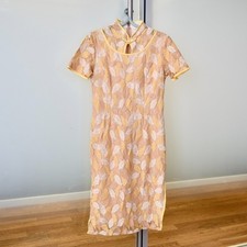 Yellow Leaf Lace Qipao Midi Dress - Chinese Cheongsam