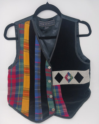 New Identity Vest Womens Medium Black Velvet & Colorblock Plaid 80s 90s Vintage