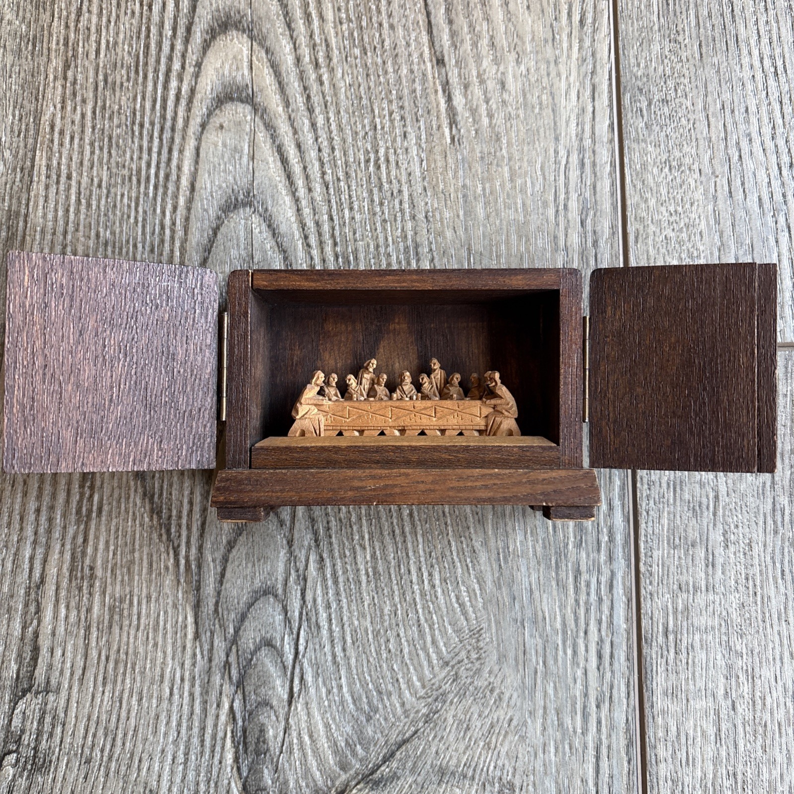German Hand Carved Wood Sacred Box Miniature Last Supper RARE  Diorama