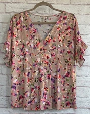 Large Dolan Anthropologie Floral Purple Pink Tan Short Ruffle Sleeve Blouse Top