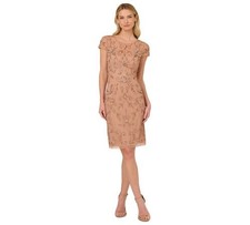 Adrianna Papell Rose Gold Beaded Sequin Cap Sleeve Dress Size 16 $139