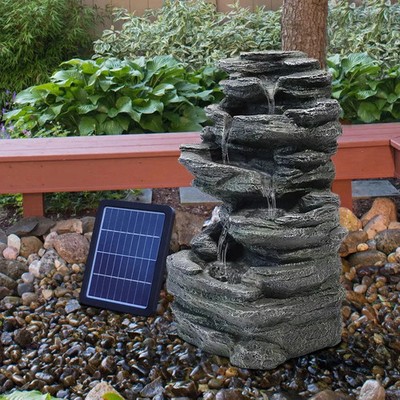 Solar Power Outdoor Kaskade 5 Ebenen Felsen Wasser Brunnen Funktion Garten Ornamente