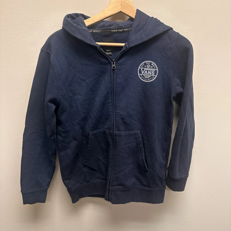 Vans Boys Hoodie Navy Blue Faded Full Zip Sweatshirt Graphic Streetwear Sz M - Image 2 of 4