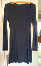 PrettyLittleThing Black Ribbed Knit Bodycon Dress, Square Neck Long Sleeve UK 10