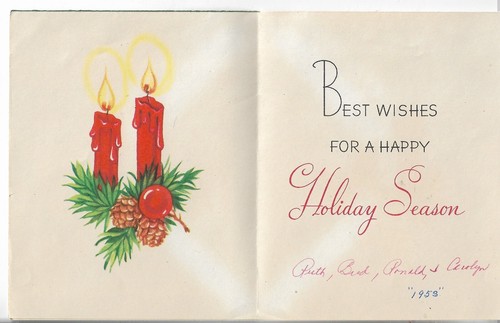 Used Vtg CHRISTMAS CARD-approx 4x5" Red Dripping Candles w/Pinecones - Picture 2 of 3