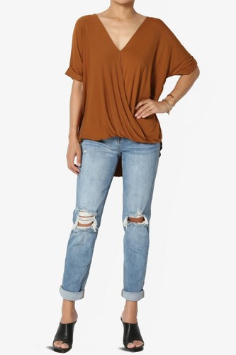 TheMogan Casual Lightweight Short Sleeve Wrap V-Neck High Low Crepe Knit Top - Picture 26 of 170