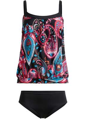 Neu 2-tlg Tankini Gr 40 Schwarz Pink Paisley Damen Bustier Oversize Schwimmanzug