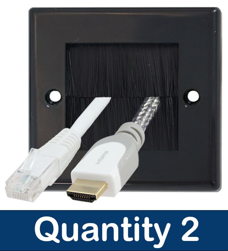 2 x Black Brush Faceplate Single 1 Gang Wall Plate Cable Entry Brushes Tidy