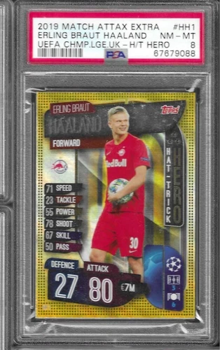 PSA 8 2019-20 Topps UCL Match Attax Hat-Trick Hero ERLING HAALAND RC Rookie #HH1