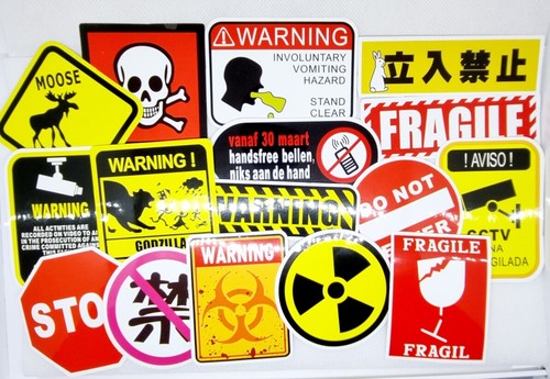 LOTTO 16 ADESIVI STICKERS VARI SOGGETTI CARTELLI DANGER PERICOLO CARTA LUCIDA - Foto 1 di 3