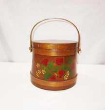 Vintage Wooden Firkin Original Lid & Handle Hand Painted Strawberry Folk Art