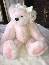 RARE ANNETTE FUNICELLO BEAR Co Pink Plush LOLA Logo Pin PEARLS Lace RIBBON 19" T