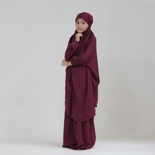 Satin Khimar 2 Pieces Set Kids Girls Muslim Hijab Dress Dress Abaya Kaftan Robe - Picture 14 of 40