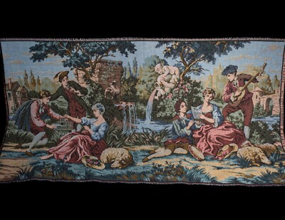 French Aubusson Tapestry Wall Art Pastoral Scene With Musicians & Cherubs 36 X15