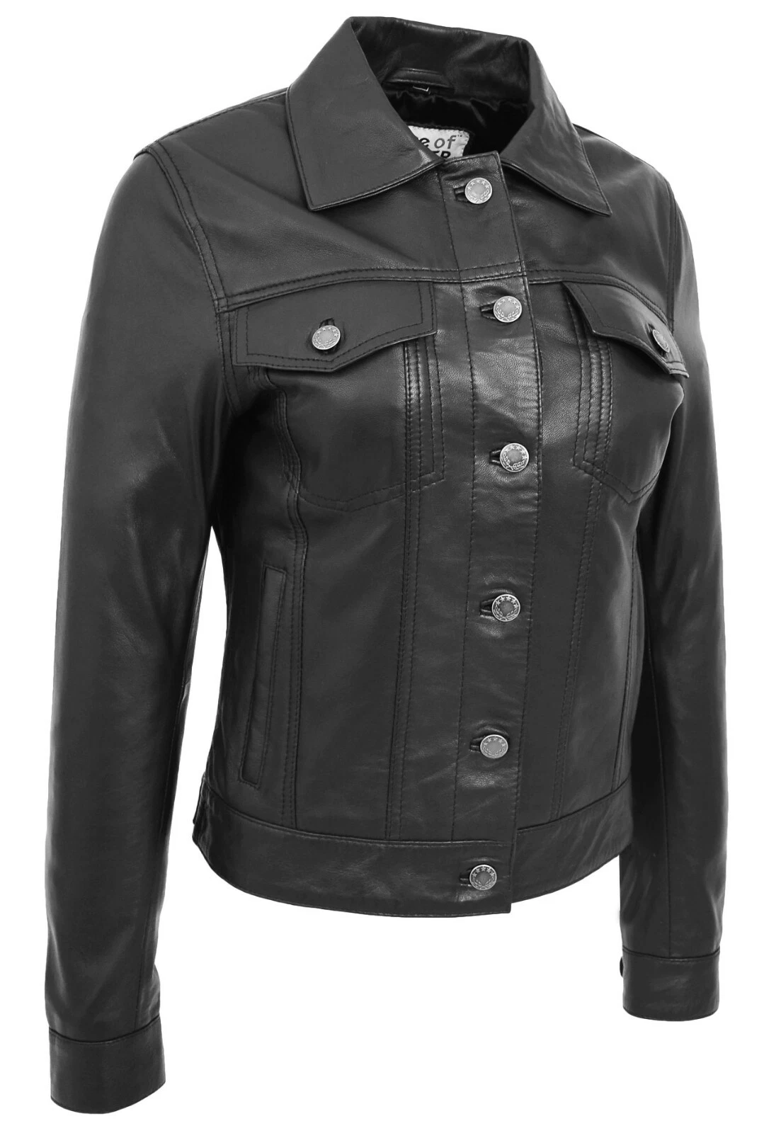 Womens Trucker Leather Jacket Black Fitted American Girls Denim Biker Style Coat