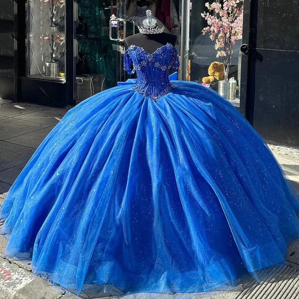 Royal Blue Quinceanera Bow Dresses Sweetheart 16 Glitter 3D Floral Prom  Gowns
