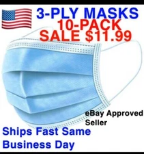 FACE MASK 3PLY Disposable Surgical Medical Dental Respirator 10 PACK SHIPS FAST