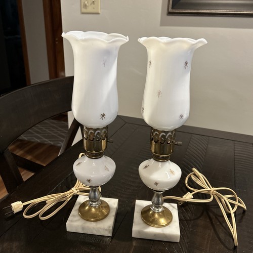 VTG Set Of 2 Working Marble Base Glass Body Star Pattern Table Lamp Bedside Lamp