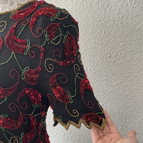 Vintage 80s Scala Beaded Silk Top XL Black Red Chili Peppers Western Festival - Picture 8 of 20