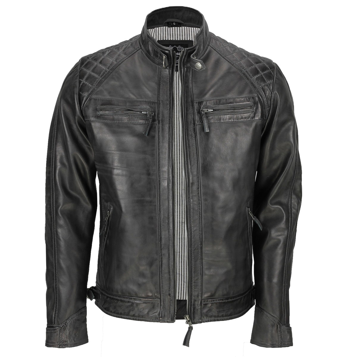 New Mens Real Leather Washed Dark Grey Vintage Zipped Smart Casual