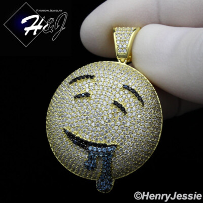 925 STERLING SILVER ICY CUBIC ZIRCONIA GOLD PLATED 3D DROOLING FACE PENDANT*G249