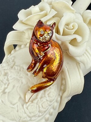 Fashion Gold Tone Brown Enameled Sitting Kitty Cat Brooch Pin 1 3/4''