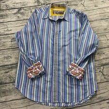 Robert Graham Mens L Striped Button Front Shirt Flip Contrast Cuff Paisley