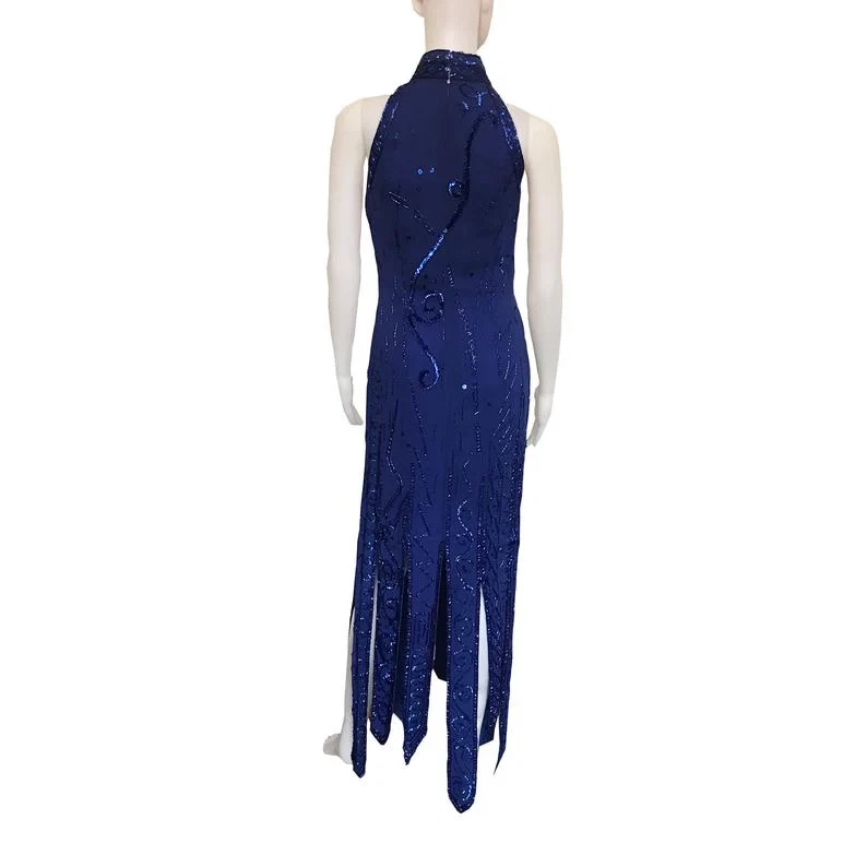 Vintage 80s Lillie Rubin Blue Halter Dress Maxi Formal Sequined - Image 2 of 4