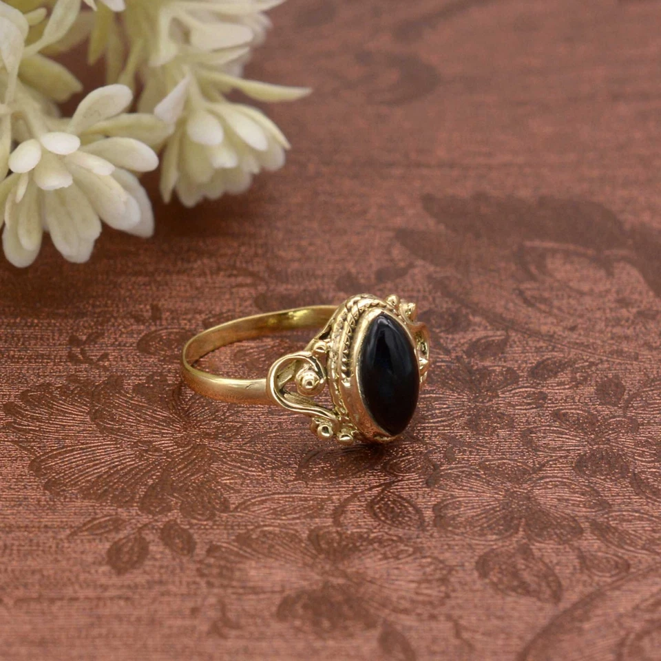 Black Onyx Stone Brass Ring, Handmade Ring, Girl & Women, Marquise Stone Ring - Image 4 of 4