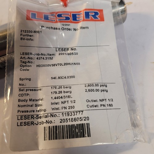 New LESER 437 Series Compact Performance 1/2" Safety Relief Valve 4374.3152 - Picture 7 of 8