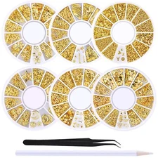 WOKOTO 6 Boxes Gold Nail Charms Studs Rose Star Moon Feather Shape Metal Nail...