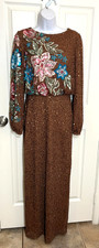 Mac Duggal Brown Floral Sequin Dress, Long Gown w/Back Slit, Long Sleeves-size 4