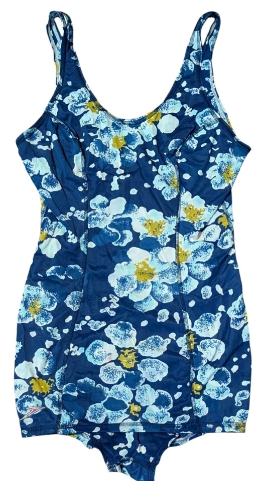 Traje de baño Speedo vintage años 60 de una pieza con falda para mujer 36L azul floral nailon Foto 3 de 4