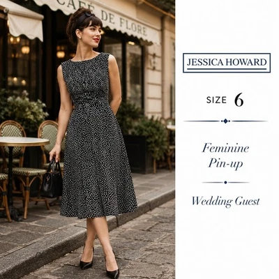 Jessica Howard Dress Women 6 Black Polka Dot Fit Flare Midi Feminine Sleeveless - Image 1 of 4