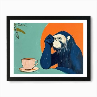 Affe mit einer Tasse Tee Kunstdruck gerahmt Wandbild Poster Leinwanddruck Bild