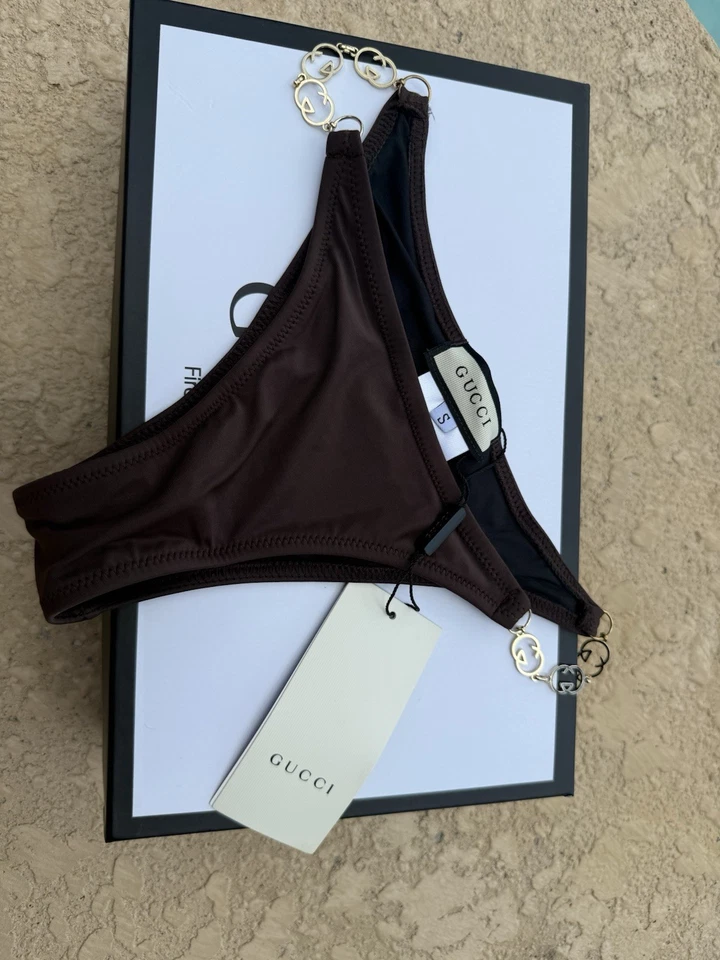 Parte inferior de bikini Gucci marrón - cadena GG dorada, talla S, nueva con etiquetas Foto 4 de 4