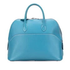 Authenticated Hermès Swift Bolide 1923 30 Blue Turquoise Calf Leather Handbag