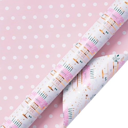 Reversible Wrapping Paper Roll, Pink & White Dots Metallic Foil Gift Wrap for... - Picture 3 of 7
