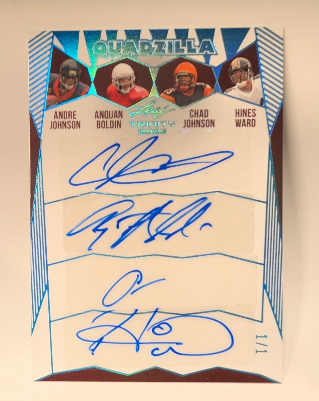 Leaf Trinity Quadzilla Quad Auto Andre Chad Johnson/Anquan Boldin/Hines Ward 1/1