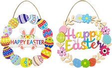 2PCS Easter Wood Wreath Decoration for Front Door Rustic Easter Bunny Door Sign