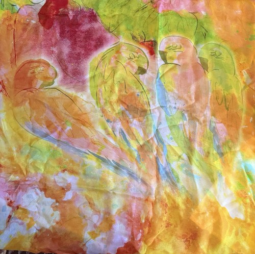 WOO Shanghai 100% Mulberry Silk Scarf Parrot Motif Watercolor NWT 35”x84” - Picture 6 of 12