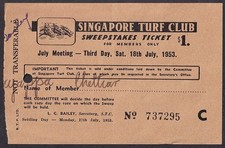Malaya 1953 SINGAPORE TURF CLUB $1 Sweepstake ticket