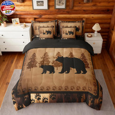 Bear Comforter Set King Size 7 Pcs Cabin Lodge Bed in a Bag Rustic Wild Animal..
