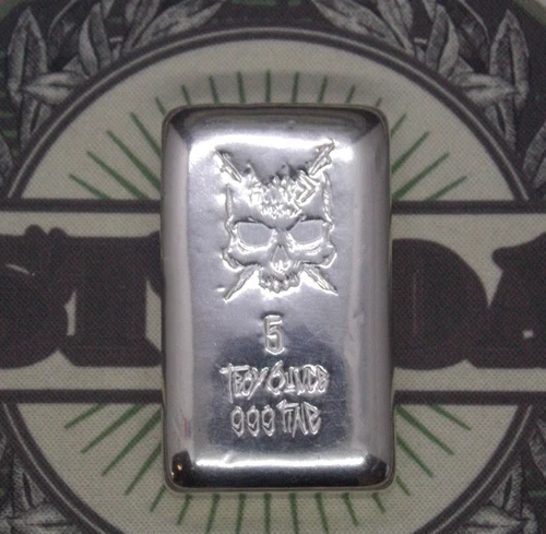 *RECKLESS METALS* Skull Bullion 5oz .999 *SILVER* Bullion Bar #037 ECC&C, Inc.