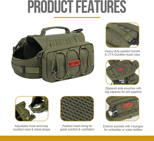 Dog Backpack for Hiking Nylon Dog Harness Backpack with Side Pockets for Large D - Picture 2 of 12