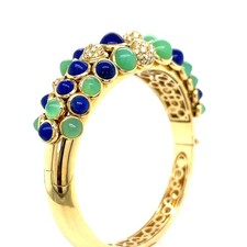 18K Yellow Gold Cactus Bangle w/ Articulating Lapis, Chrysoprase, and Diamond